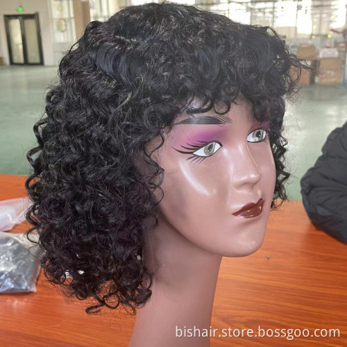 Cheap Machine Made Wig 100% Brazilian Human Hair Pixie Cut Wigs Short Kinky Curly Non Lace Wigs with Bangs for Women